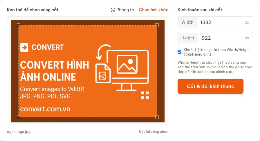 Trình cắt ảnh trên Convert.com.vn: kéo khung chọn vùng và nhập chiều rộng, chiều cao
