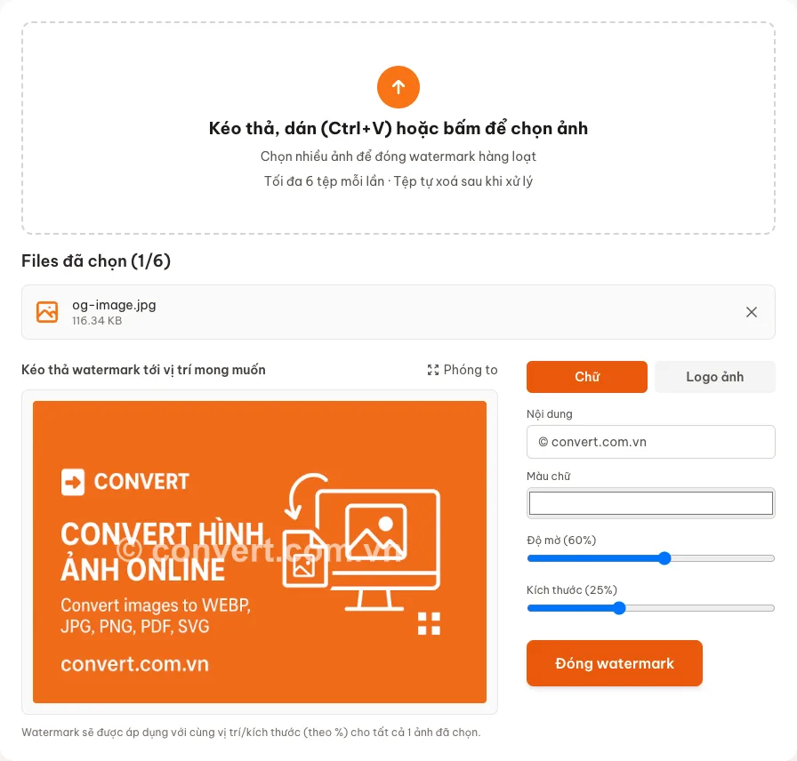 Trình chỉnh watermark trên Convert.com.vn: xem trước ảnh, chọn chữ hoặc logo, độ mờ và kích thước