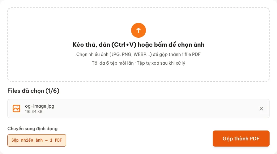 Công cụ gộp ảnh thành PDF trên Convert.com.vn với ảnh đã chọn