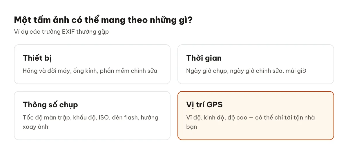 Các nhóm thông tin EXIF thường có trong ảnh: thiết bị, thời gian, thông số chụp và vị trí GPS