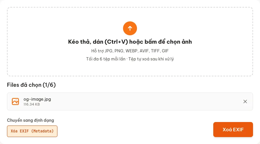 Công cụ xoá EXIF trên Convert.com.vn với một ảnh đã chọn